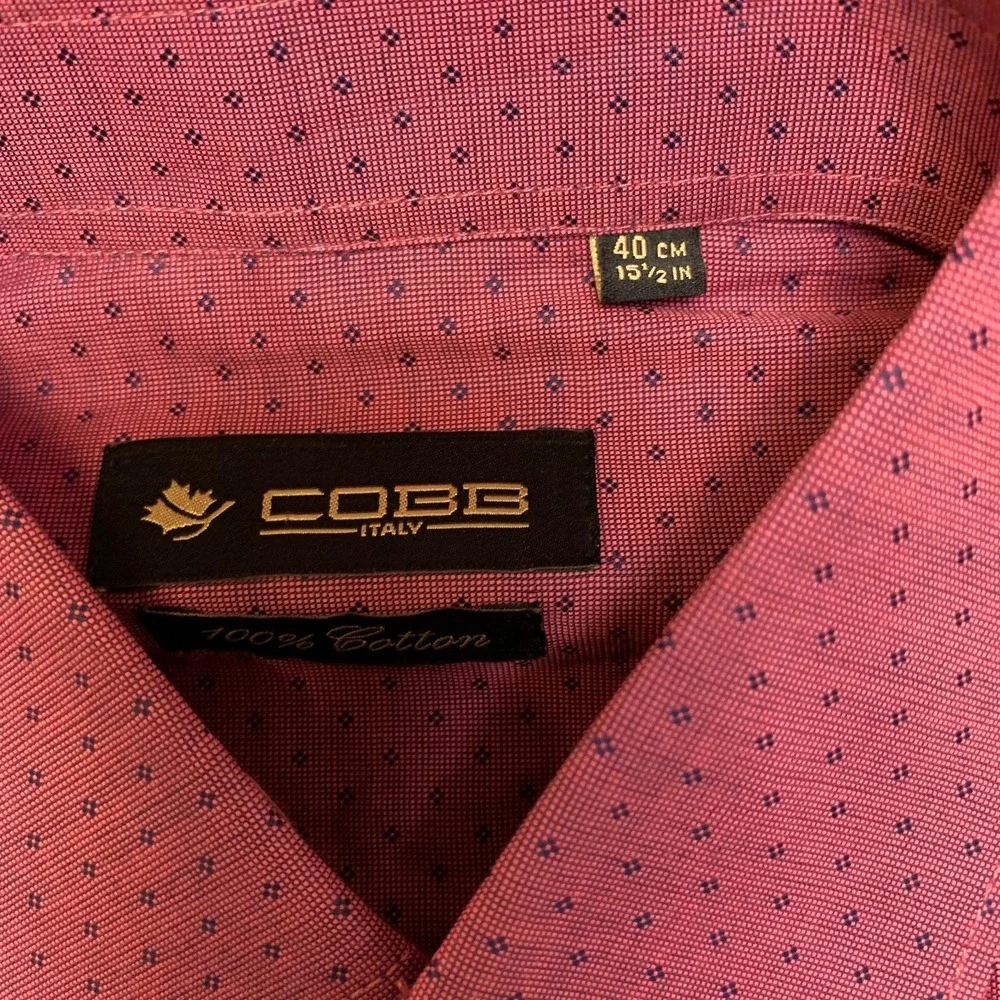 Cobb Italy Dress Shirt Mens 15.5 Pink Geometric Chest Pocket Long Sleeve Formal